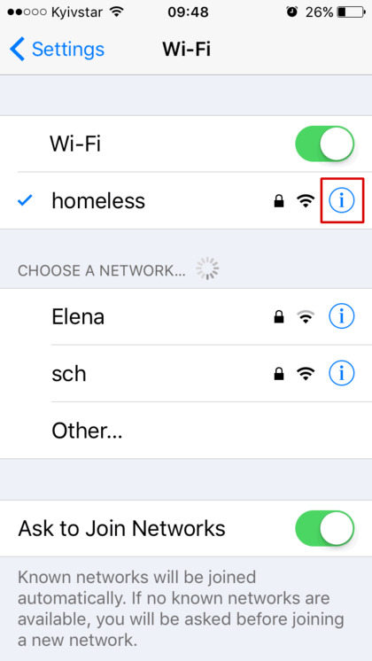 Step 2: Tap the i icon next to the Wi-Fi network