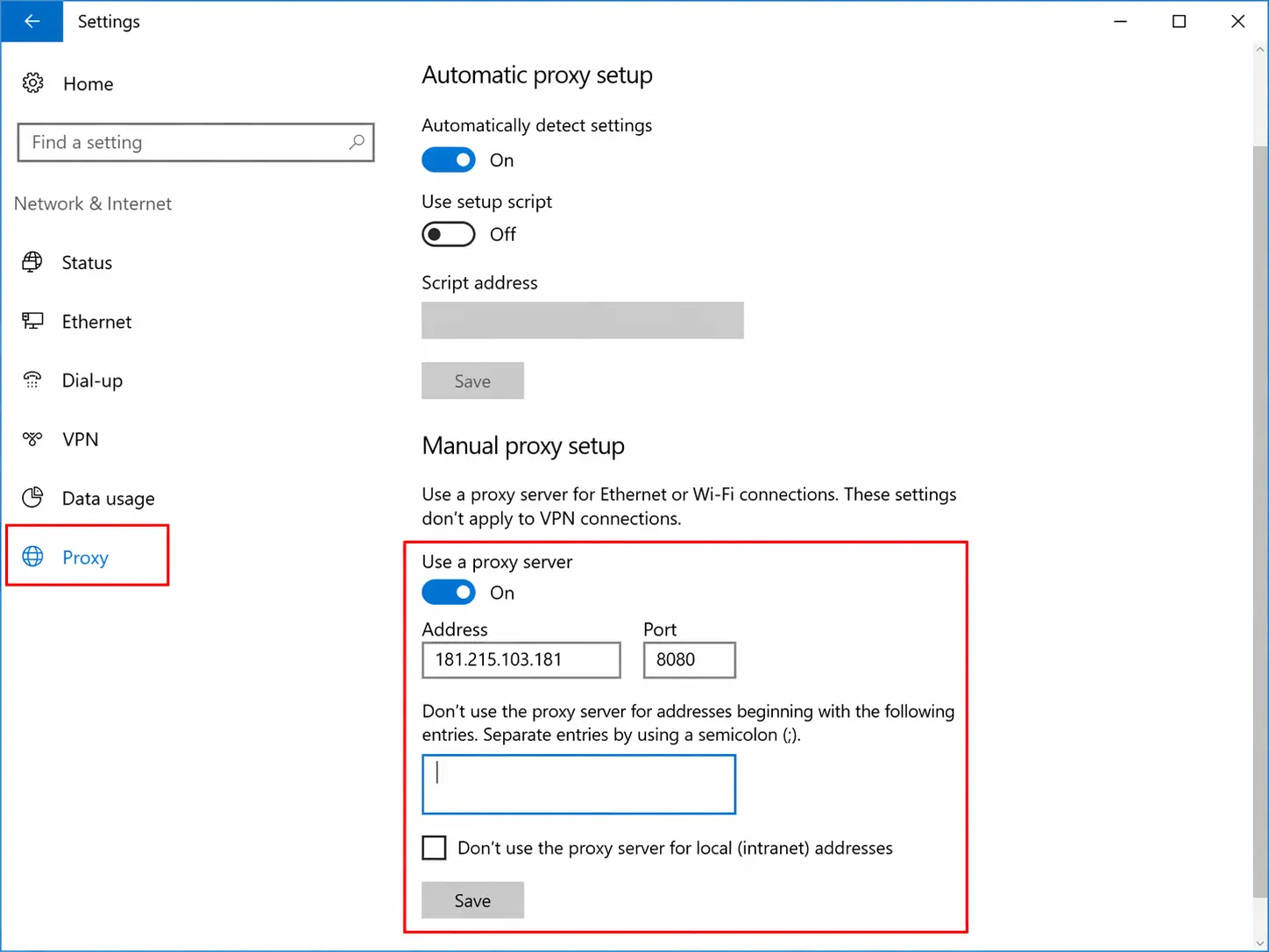 Step 2: Select Proxy and enter IP address and port